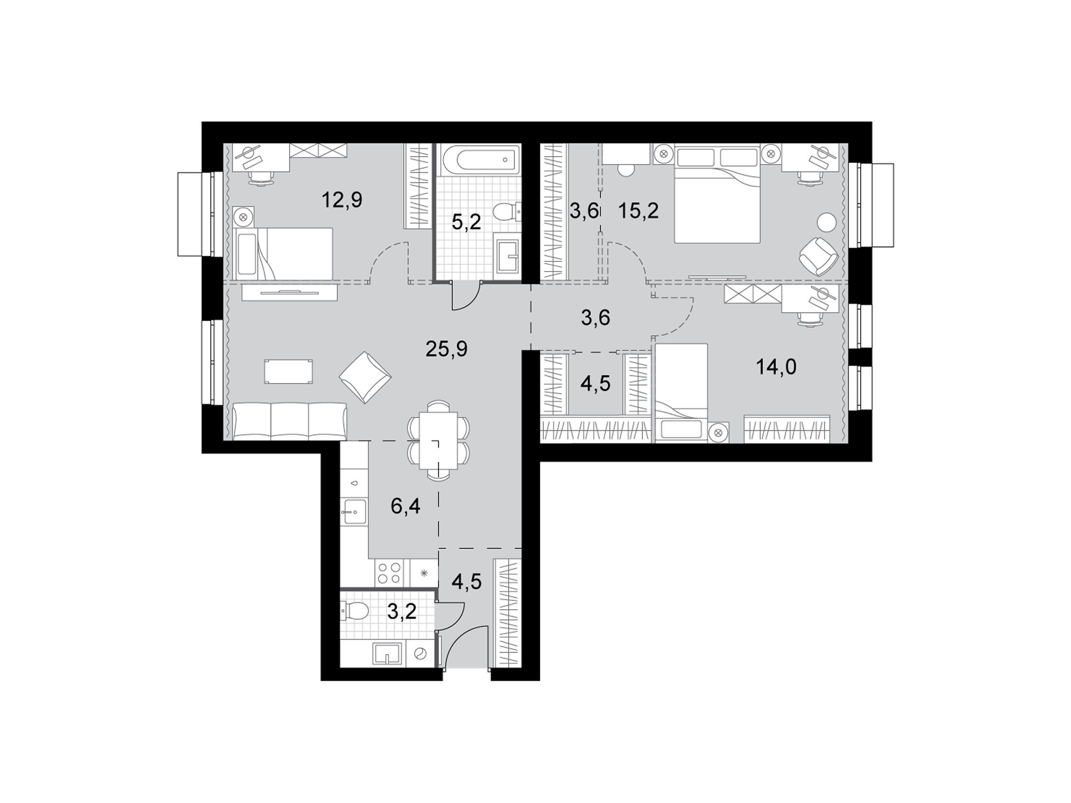 Планировка: 4-комн. квартира 99.00 м² в новостройке ЖК Дубровицы клаб
