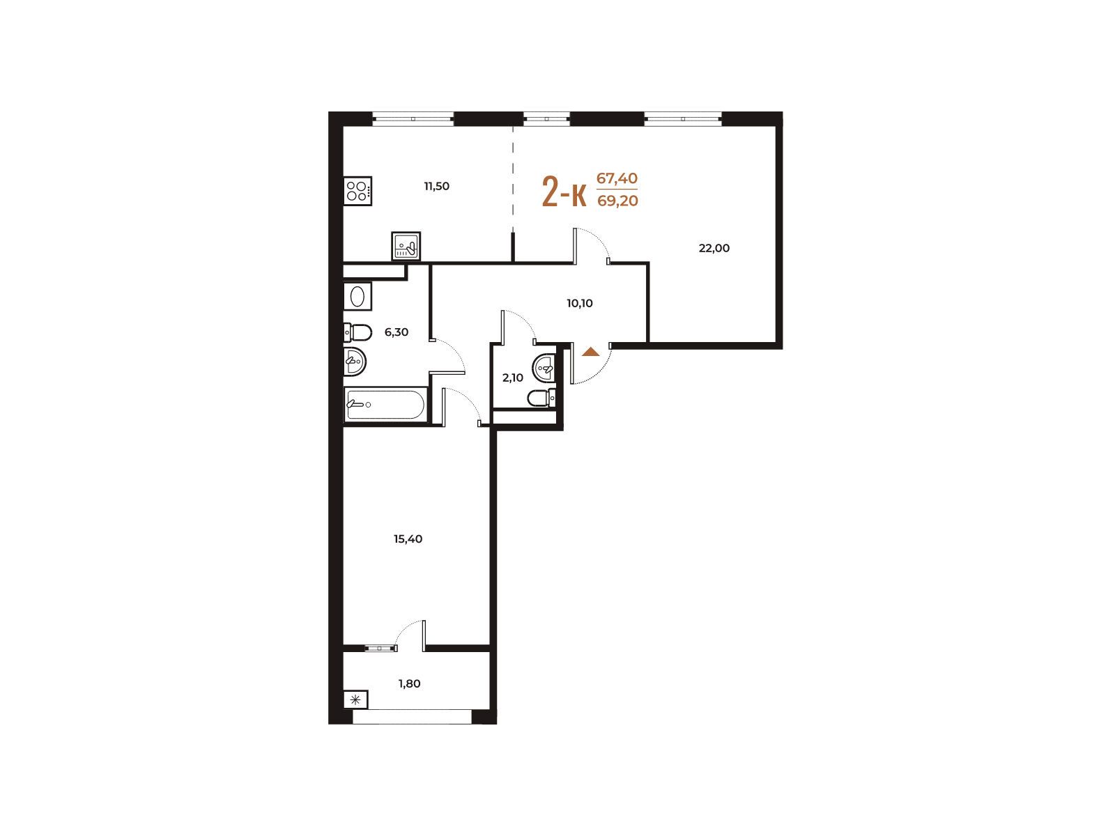Планировка: 2-комн. квартира 69.20 м² в новостройке Новое Летово