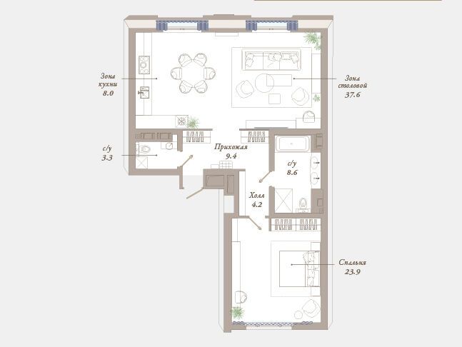 Планировка: 1-комн. квартира 91.09 м² в новостройке Приоритет