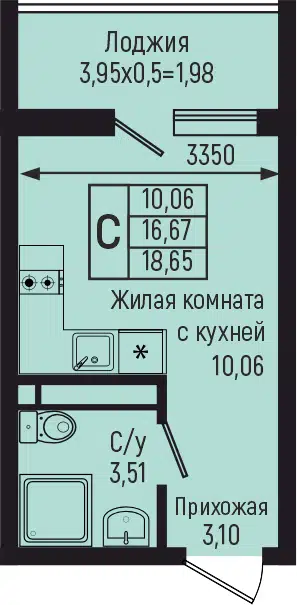Планировка: Студия 18.65 м² в новостройке Ботаника Хилс