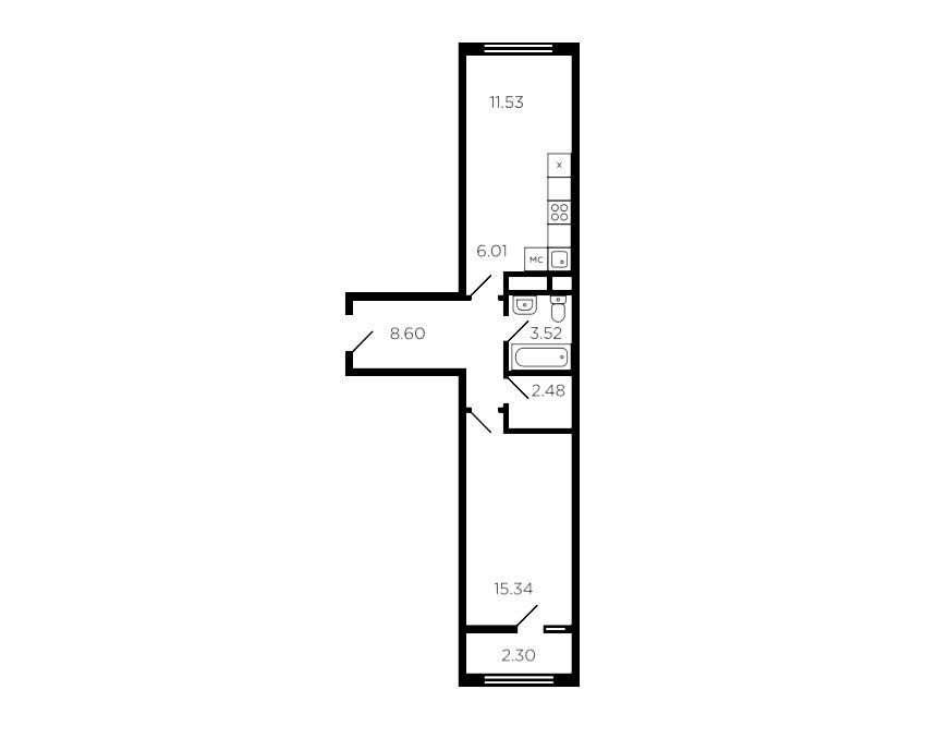Планировка: 2-комн. квартира 49.00 м² в новостройке Рафинад