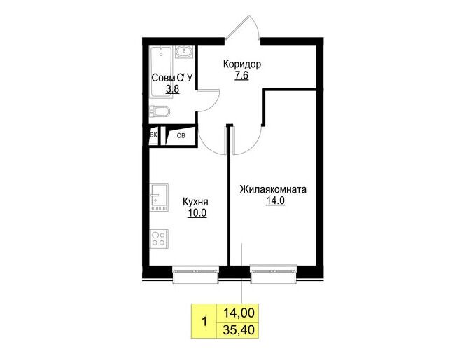 Планировка: 1-комн. квартира 35.40 м² в новостройке Корица