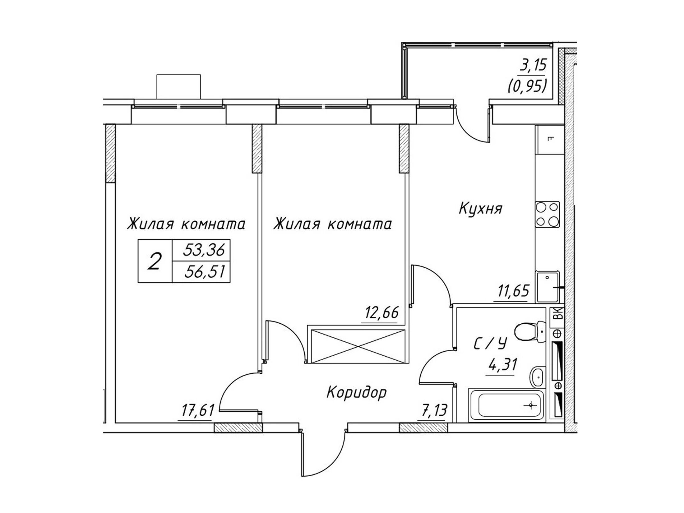 Планировка: 2-комн. квартира 56.51 м² в новостройке Большевик (Дмитров)