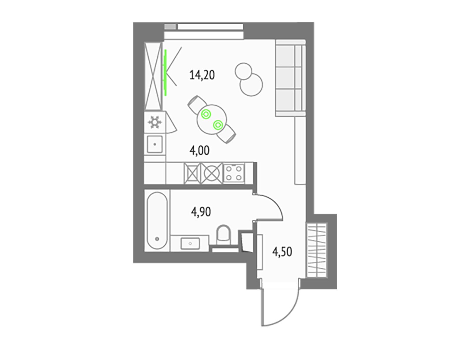 Планировка: Студия 27.90 м² в новостройке Апсайд Тауерс