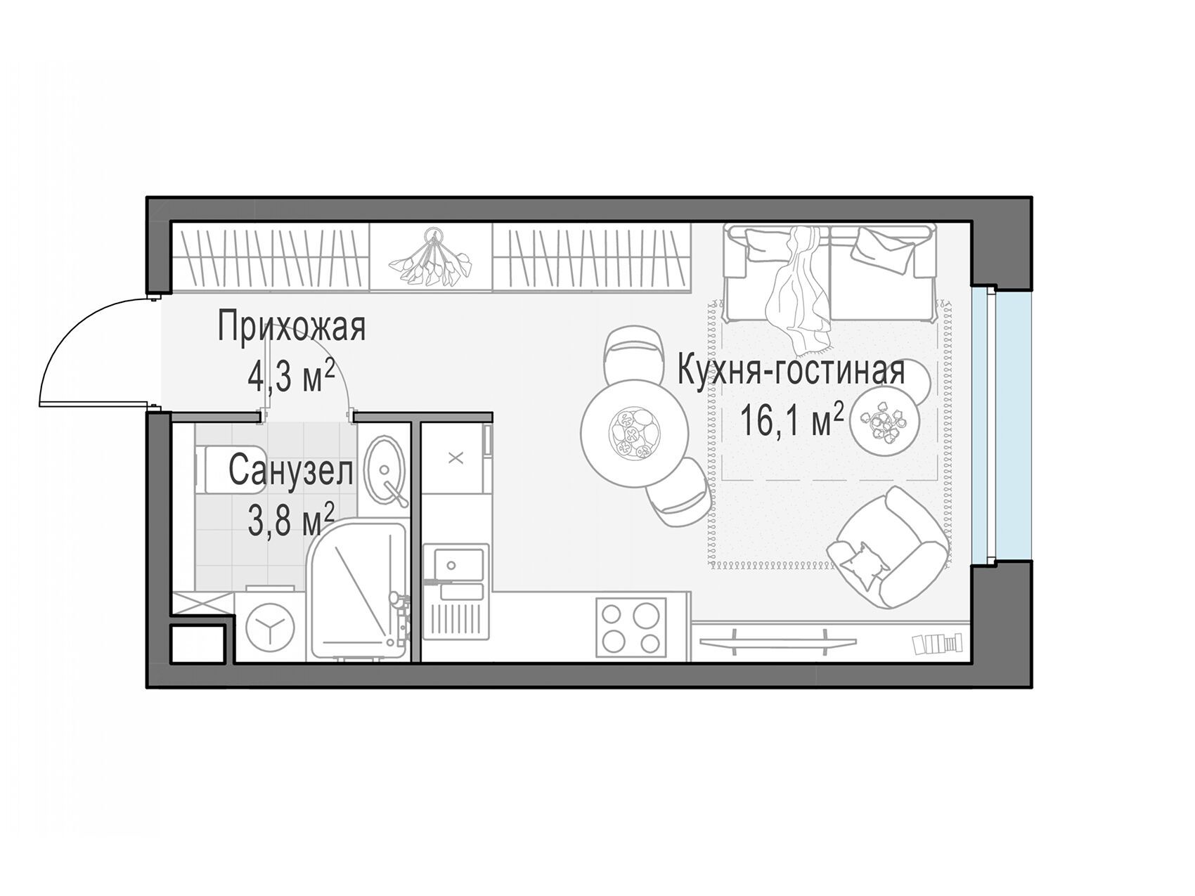 Планировка: Студия 24.10 м² в новостройке Белый Град
