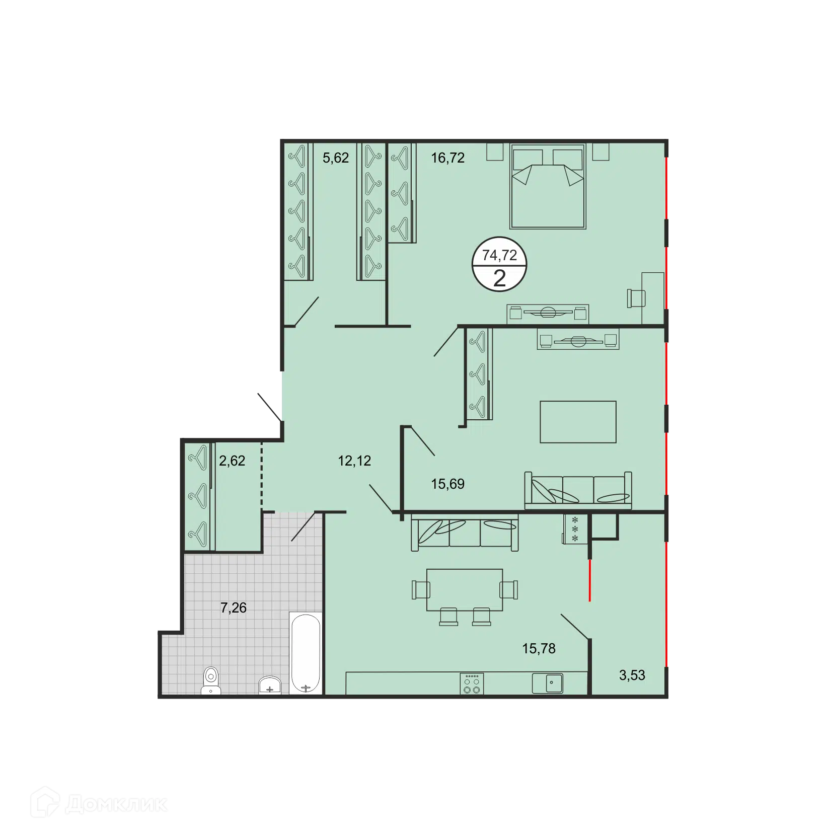 Планировка: 2-комн. квартира 74.72 м² в новостройке Дыхание