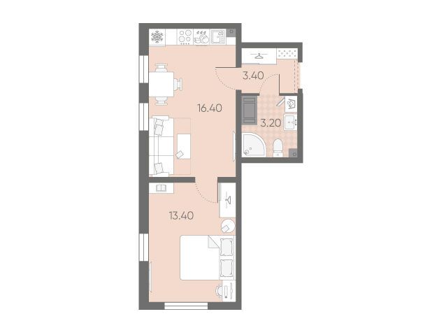 Планировка: 1-комн. квартира 36.40 м² в новостройке Октябрьская набережная
