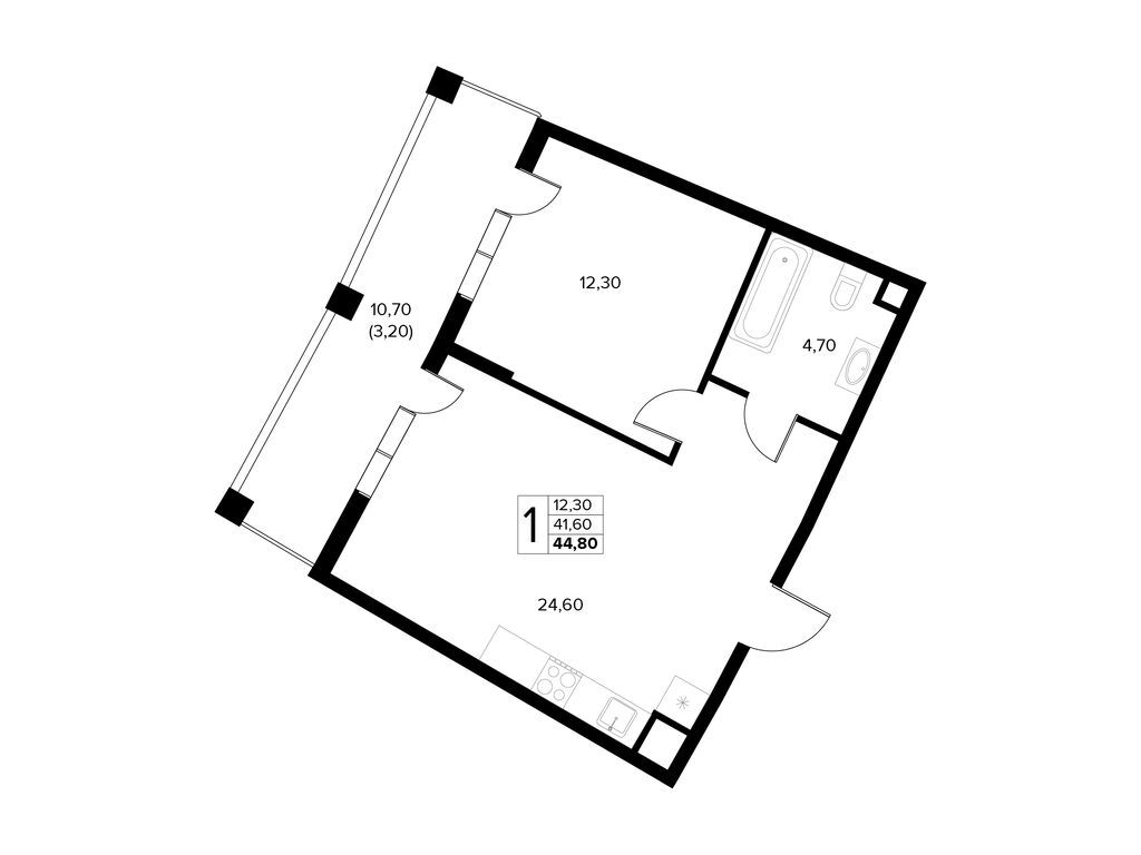 Планировка: 1-комн. квартира 44.80 м² в новостройке Кипарис