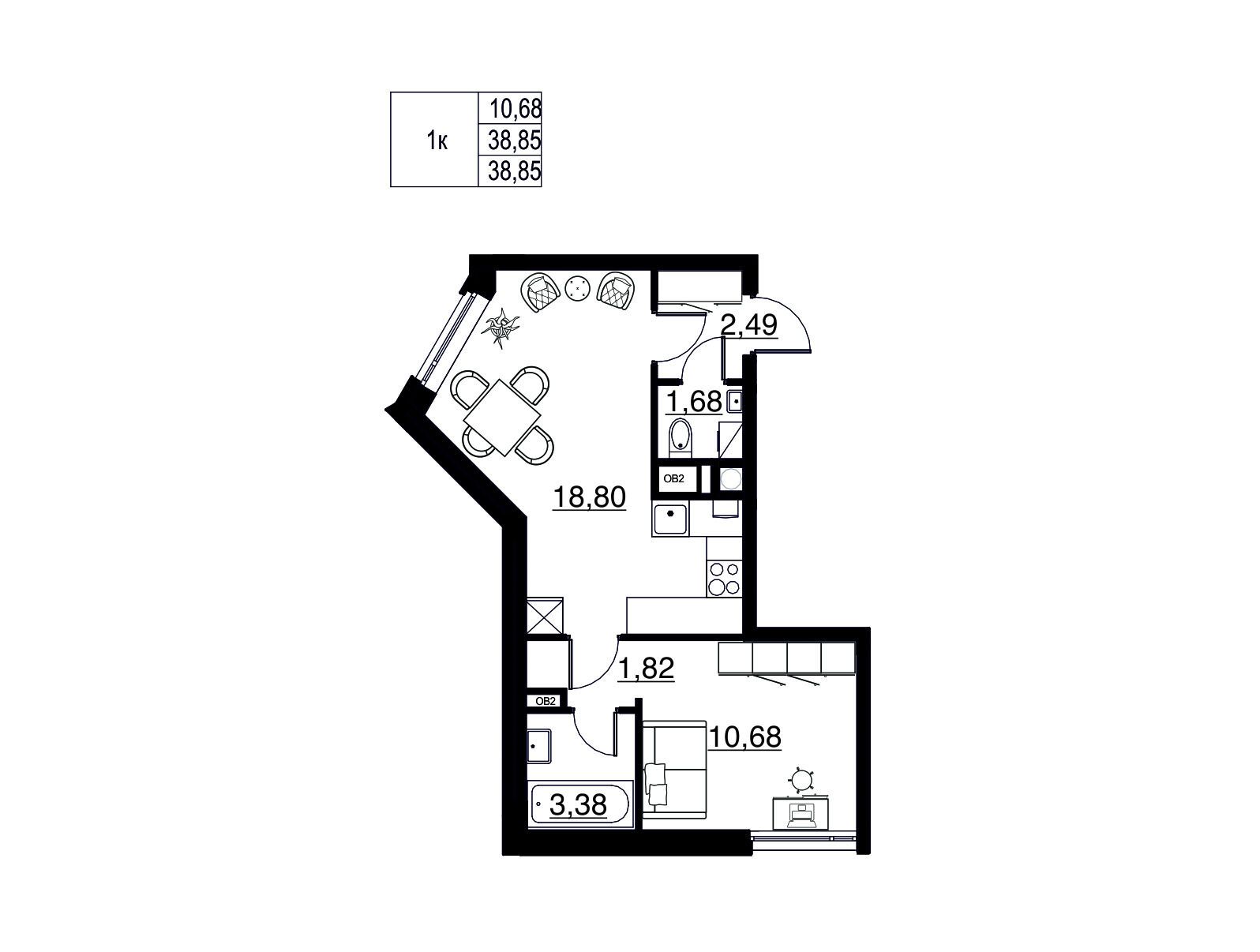 Планировка: 1-комн. квартира 38.85 м² в новостройке Соло.Петергоф