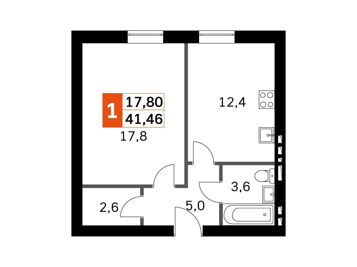 Планировка: 1-комн. квартира 40.30 м² в новостройке Парк Апрель