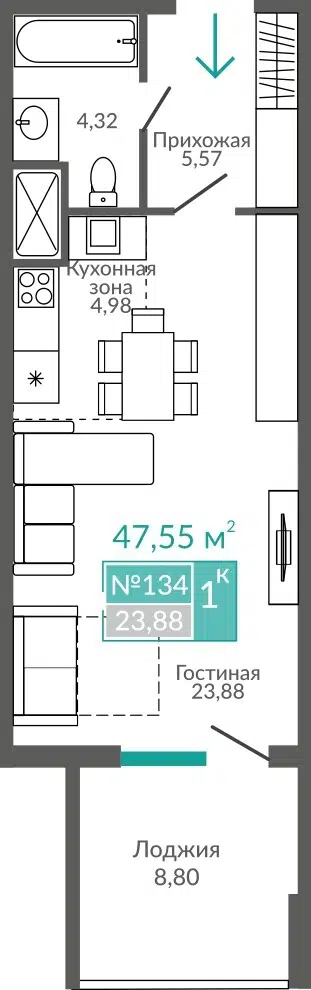 Планировка: Студия 47.55 м² в новостройке ЖК Золотые пески