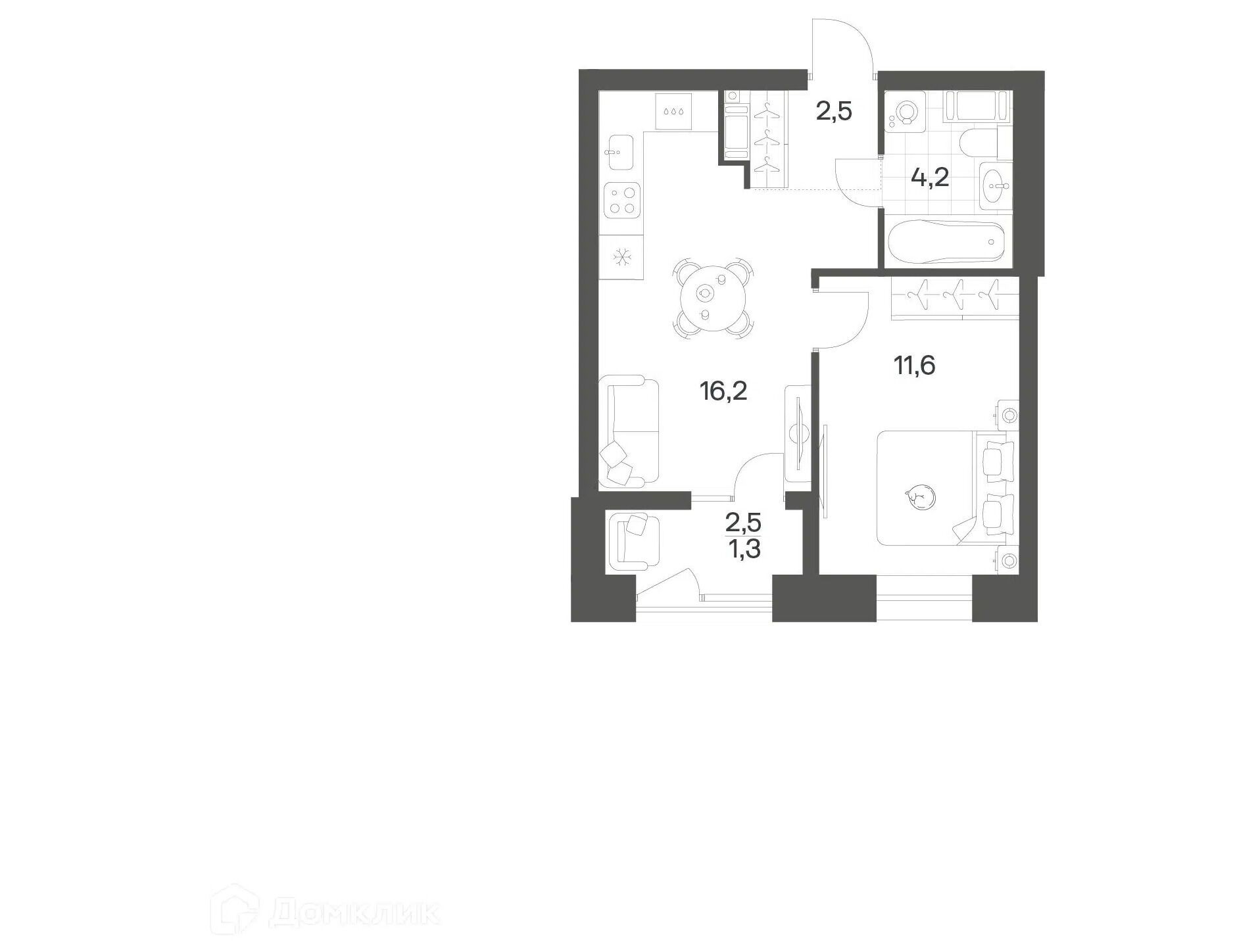 Планировка: 1-комн. квартира 35.66 м² в новостройке Ньюпитер