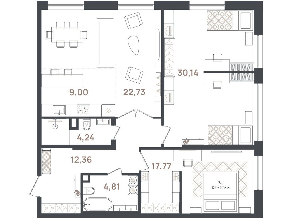 Планировка: 2-комн. квартира 101.05 м² в новостройке VI Квартал