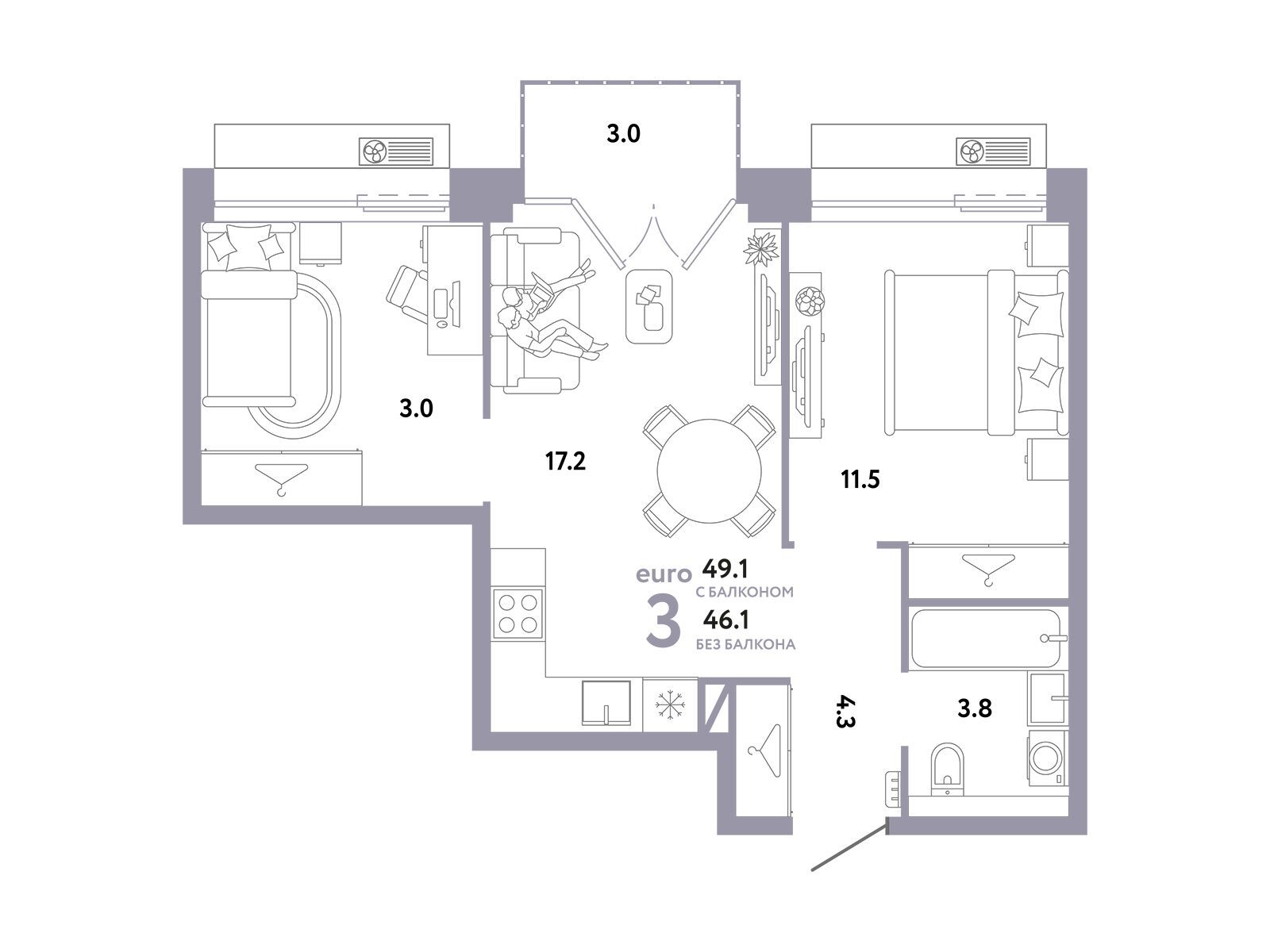 Планировка: 3-комн. квартира 49.10 м² в новостройке ЖК Страна. Заречная