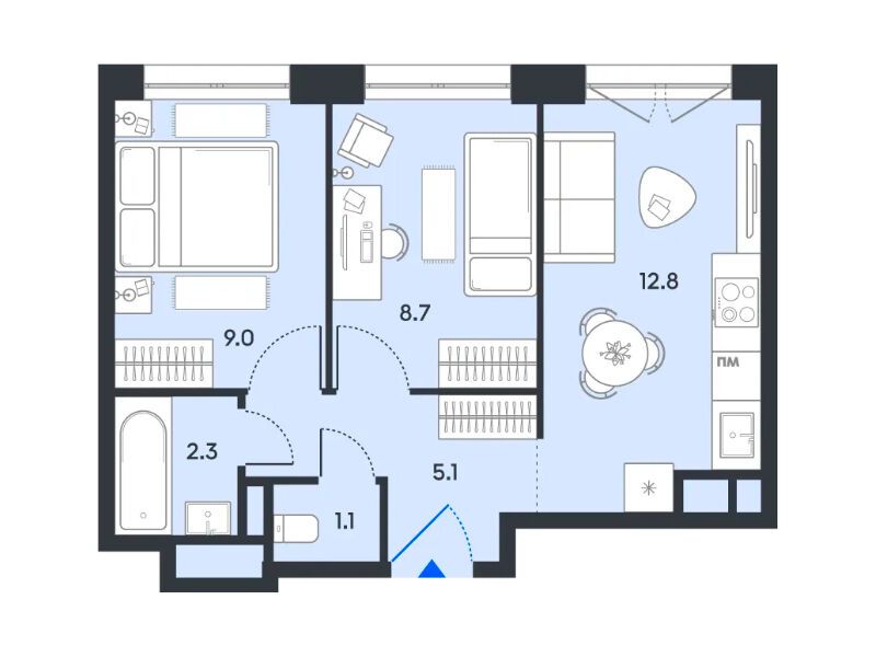 Планировка: 1-комн. квартира 37.00 м² в новостройке Баланс