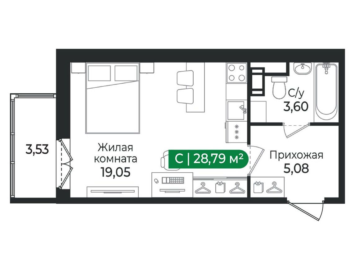 Планировка: Студия 28.79 м² в новостройке Сертолово Парк