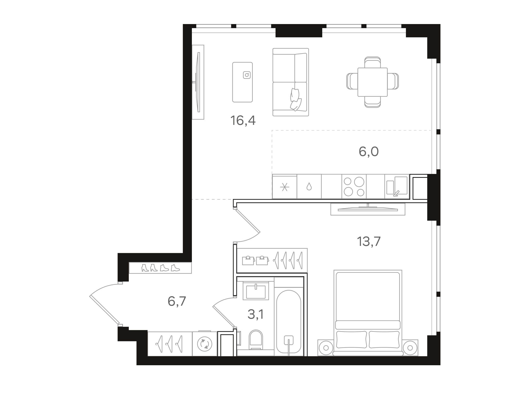 Планировка: 1-комн. квартира 45.90 м² в новостройке НАЗАРÉ