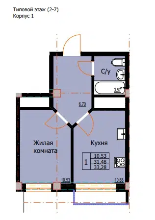 Планировка: 1-комн. квартира 33.28 м² в новостройке Резиденция г. Ессентуки