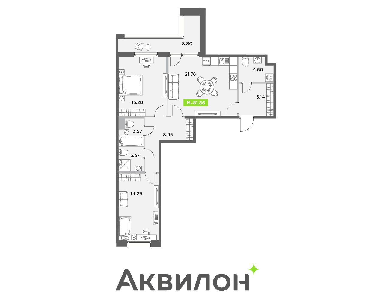 Планировка: 3-комн. квартира 84.20 м² в новостройке Аквилон Лив