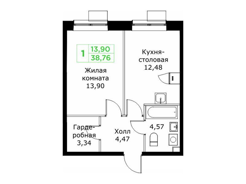 Планировка: 1-комн. квартира 38.90 м² в новостройке Кит 2