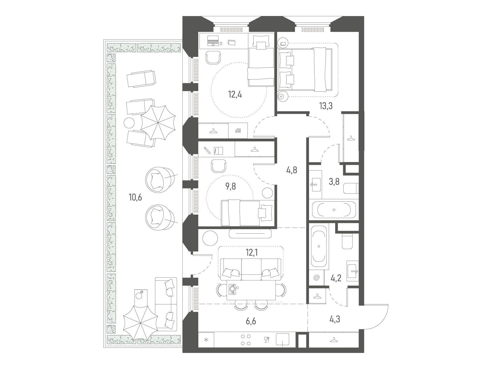 Планировка: 3-комн. квартира 81.90 м² в новостройке Среда на Лобачевского