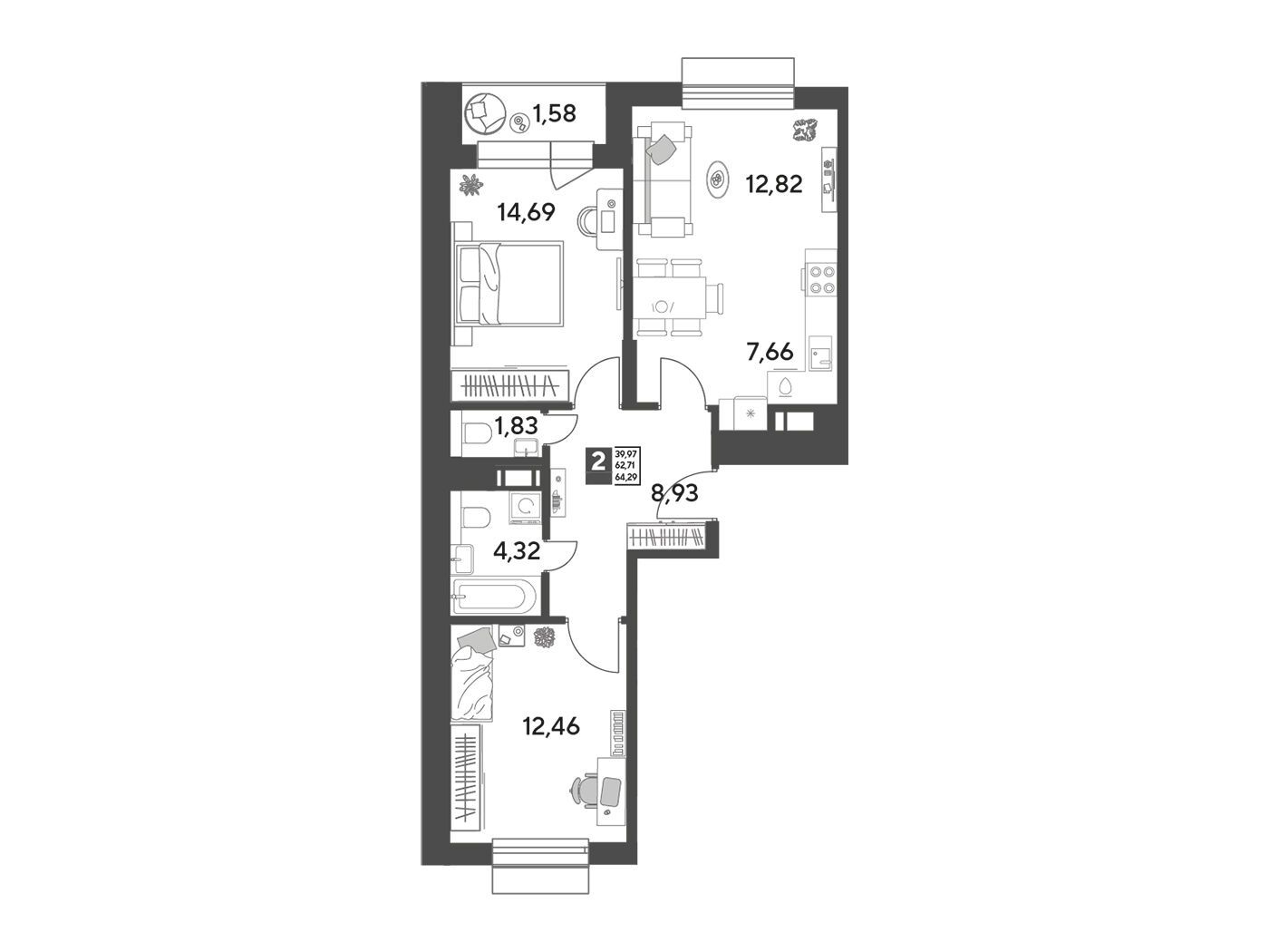 Планировка: 2-комн. квартира 64.29 м² в новостройке Публицист