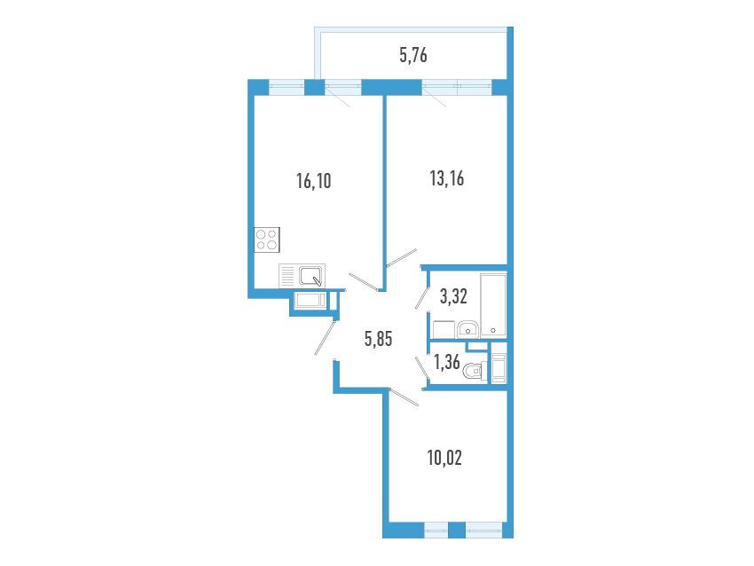 Планировка: 2-комн. квартира 51.54 м² в новостройке Аэросити