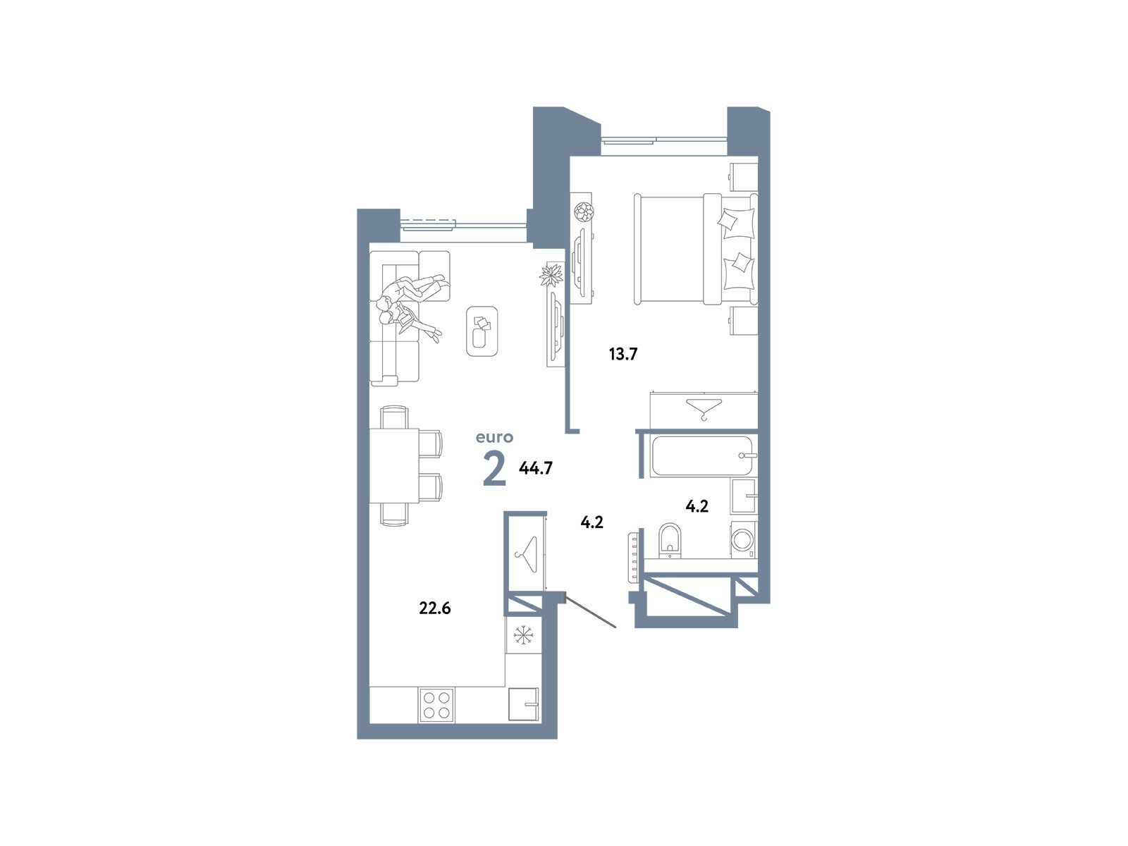 Планировка: 2-комн. квартира 44.70 м² в новостройке Страна. Заречная