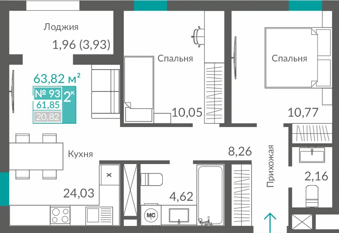 Планировка: 2-комн. квартира 61.85 м² в новостройке ЖК Видный