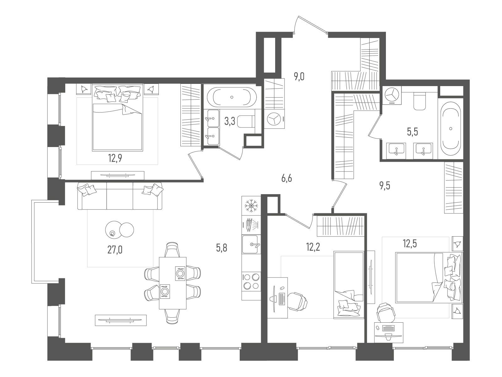 Планировка: 3-комн. квартира 104.40 м² в новостройке ЖК Пейв