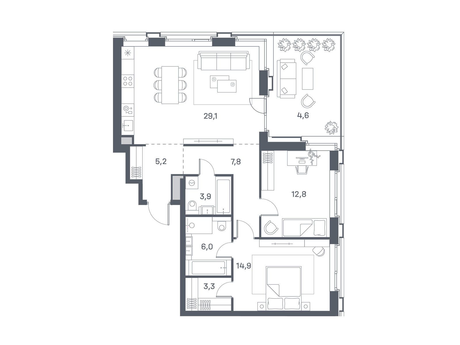 Планировка: 2-комн. квартира 87.60 м² в новостройке Портленд. Дом на берегу