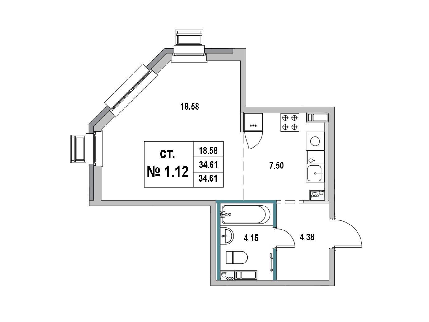 Планировка: Студия 34.61 м² в новостройке ЖК Новый город (Выборг)
