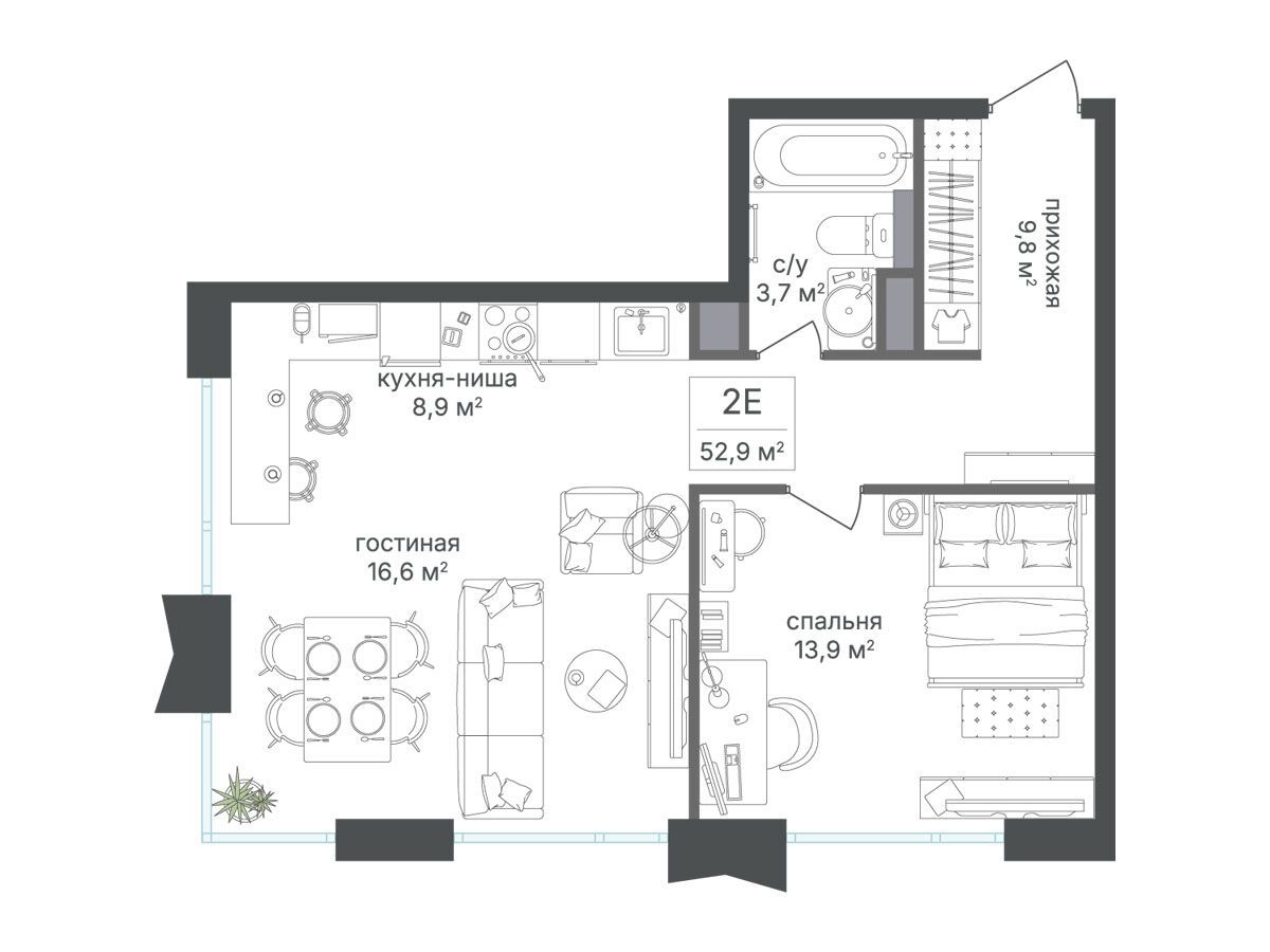Планировка: 1-комн. квартира 52.90 м² в новостройке Петровский парк II