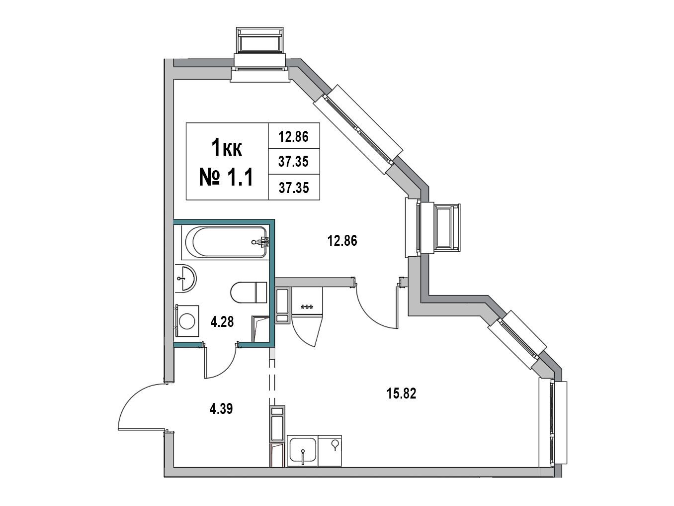 Планировка: 1-комн. квартира 37.35 м² в новостройке ЖК Новый город (Выборг)