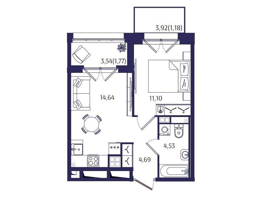 Планировка: 1-комн. квартира 37.91 м² в новостройке Ранта Резиденс