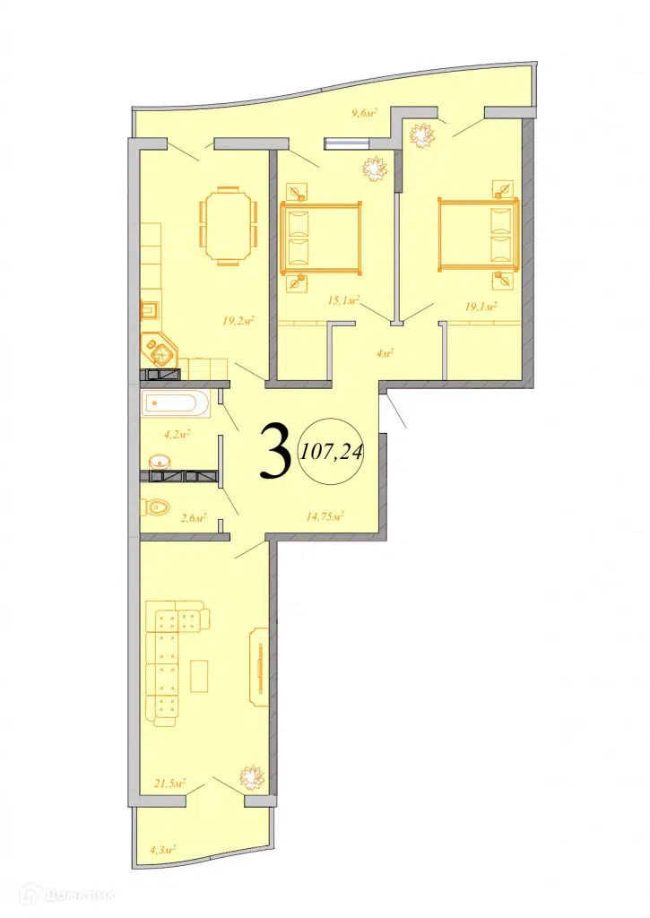 Планировка: 3-комн. квартира 107.24 м² в новостройке Радонеж
