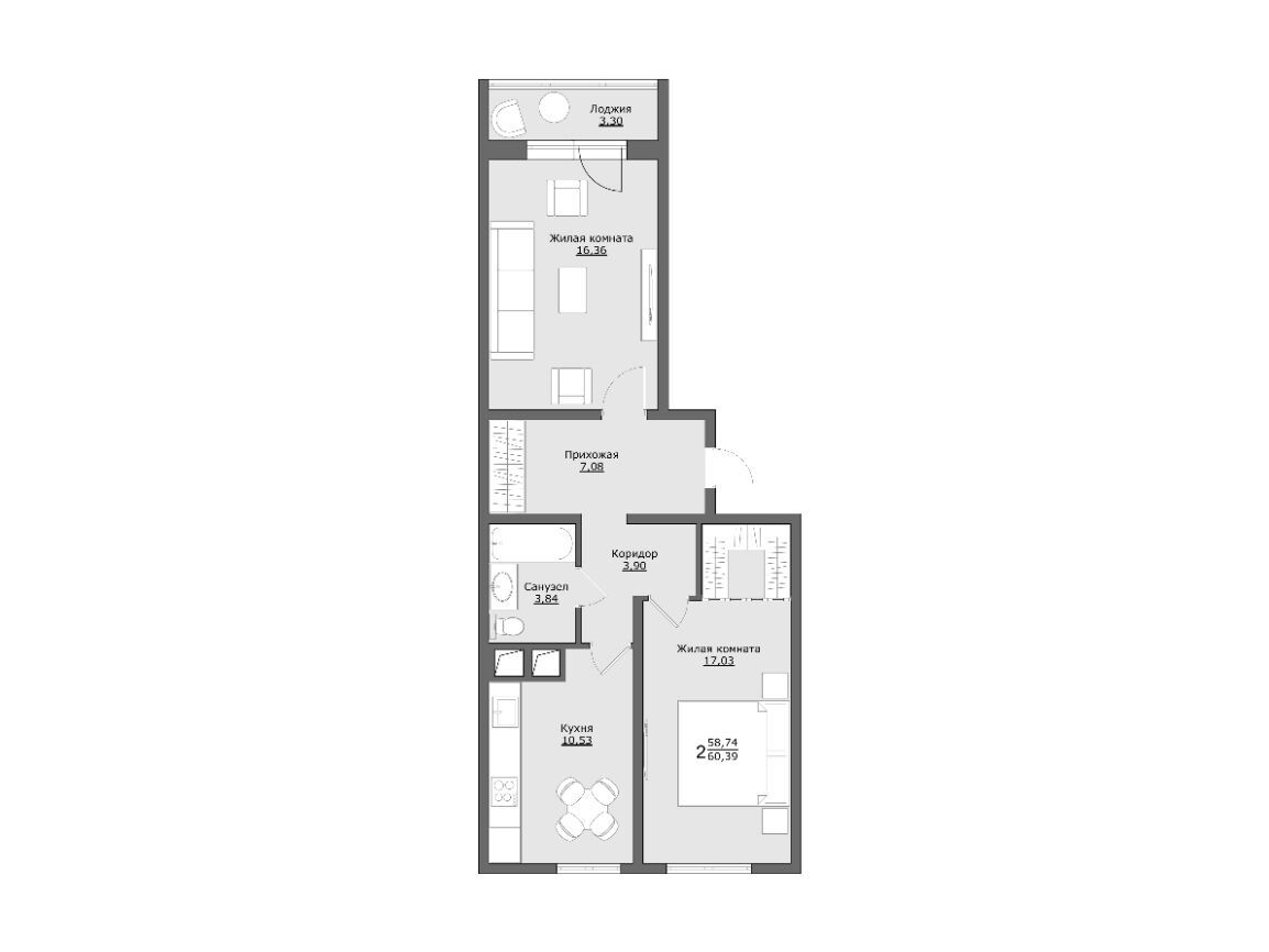 Планировка: 2-комн. квартира 60.39 м² в новостройке Клевер