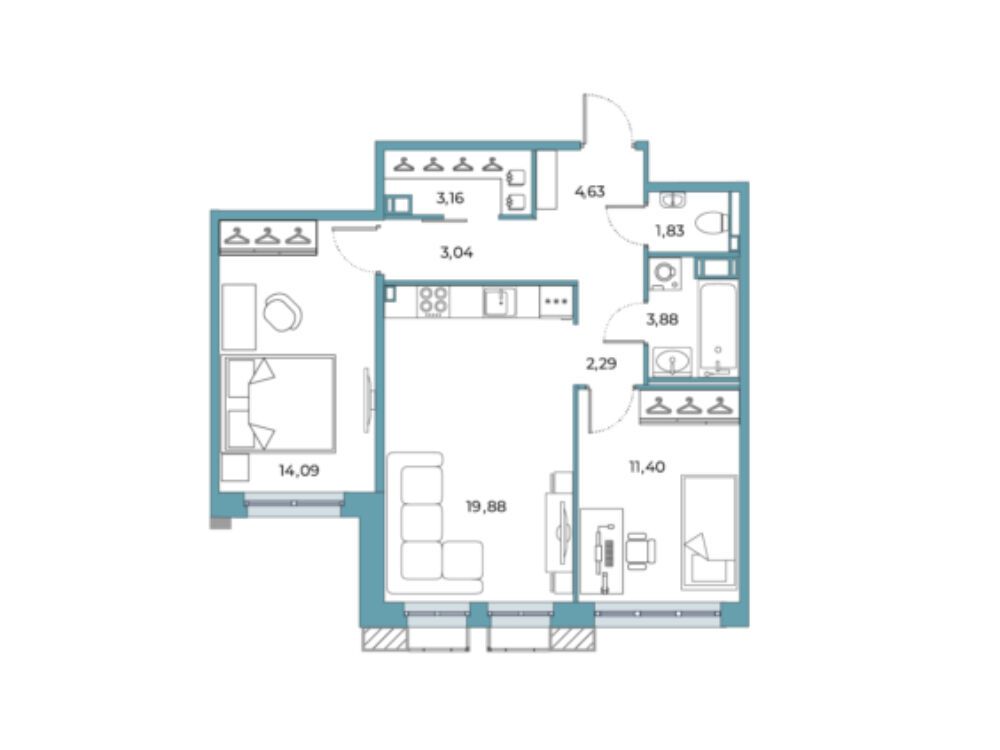 Планировка: 2-комн. квартира 61.64 м² в новостройке Взлетная 16
