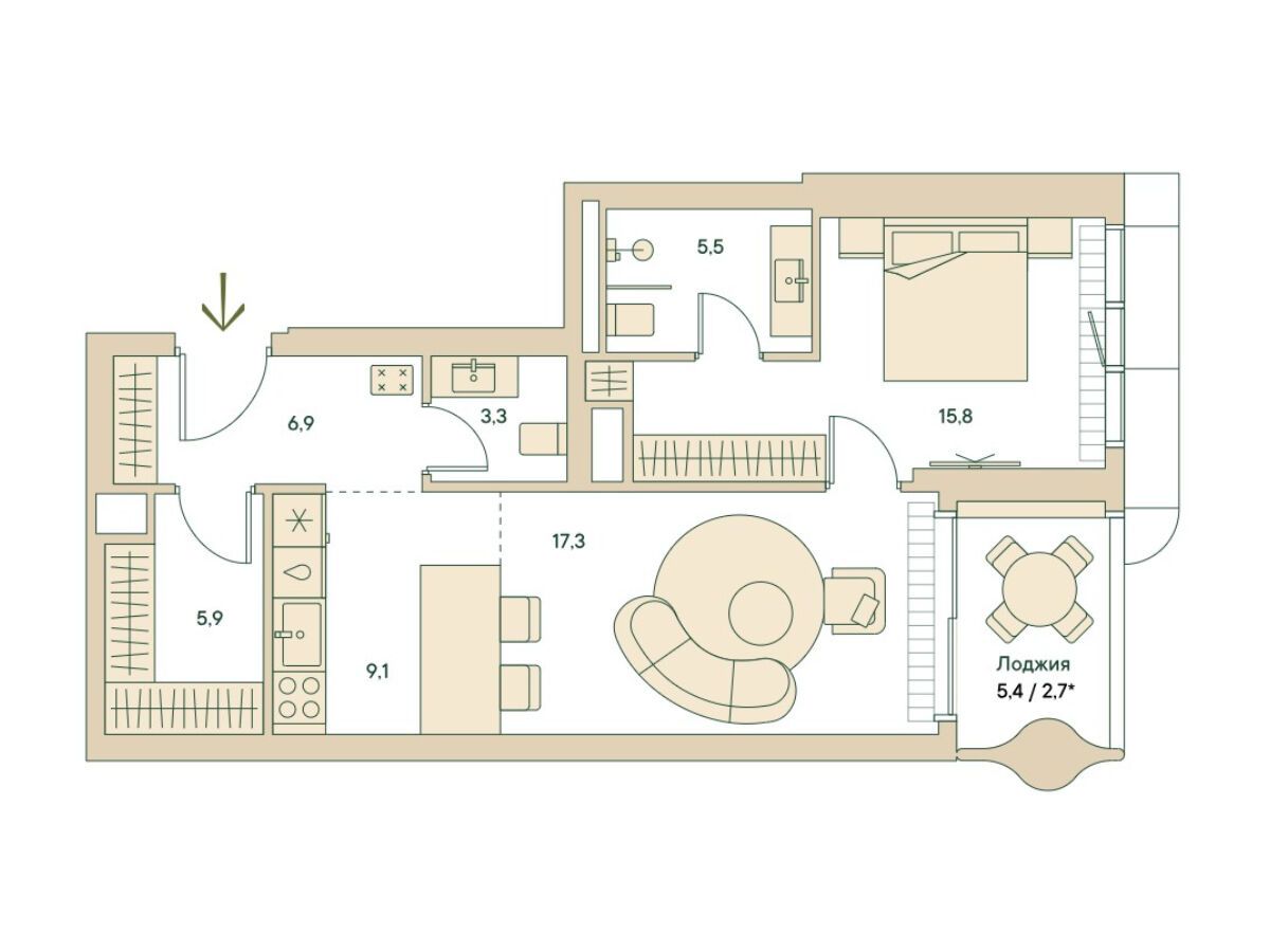 Планировка: 2-комн. квартира 70.80 м² в новостройке Спрингс