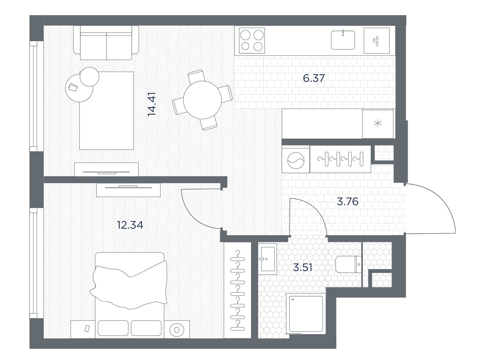 Планировка: 1-комн. квартира 40.39 м² в новостройке ЖК Тейт