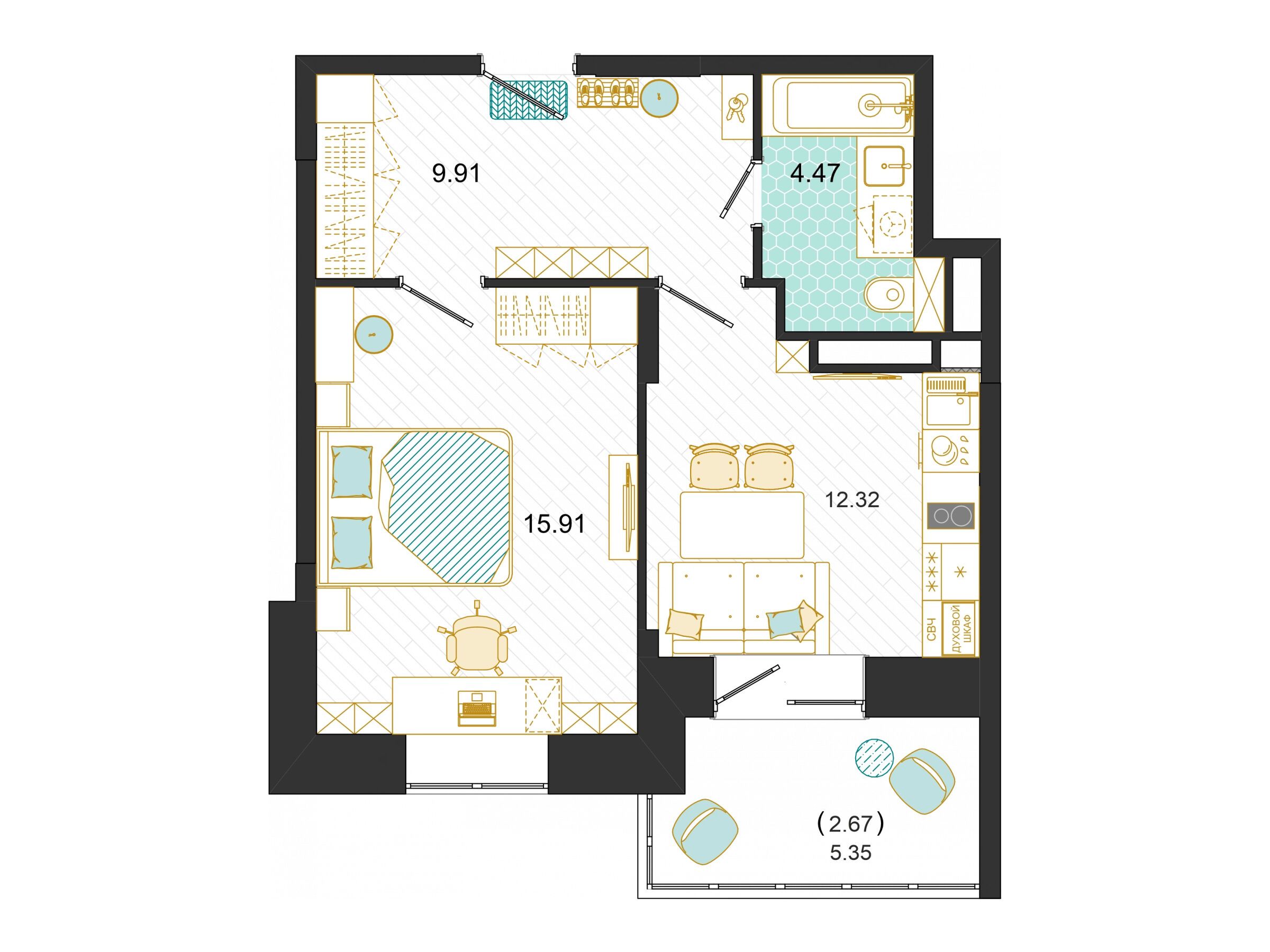 Планировка: 1-комн. квартира 45.28 м² в новостройке Оптима