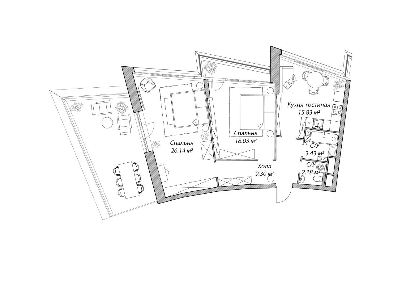 Планировка: 3-комн. квартира 74.90 м² в новостройке Рублево