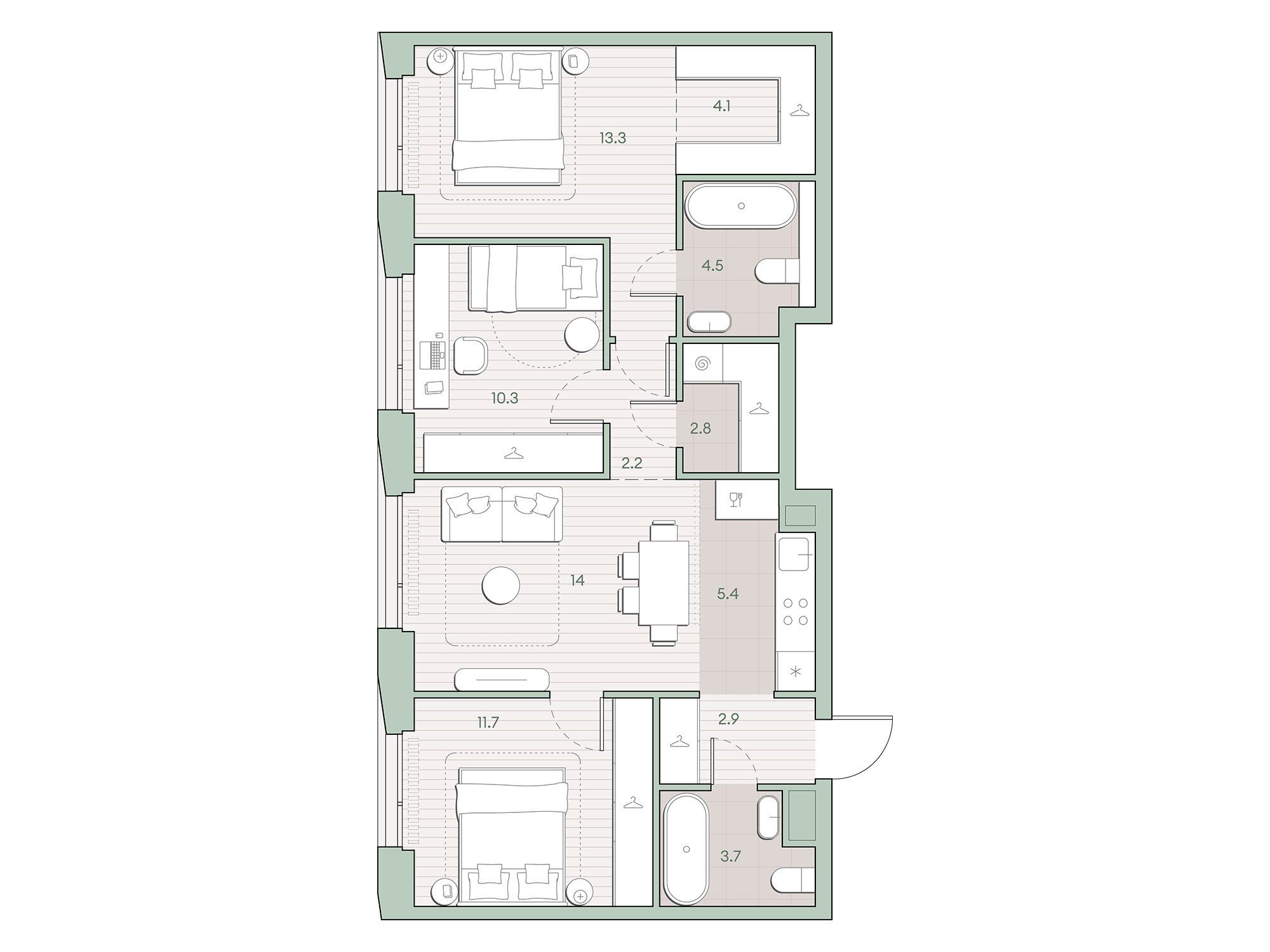Планировка: 3-комн. квартира 74.90 м² в новостройке Среда на Лобачевского