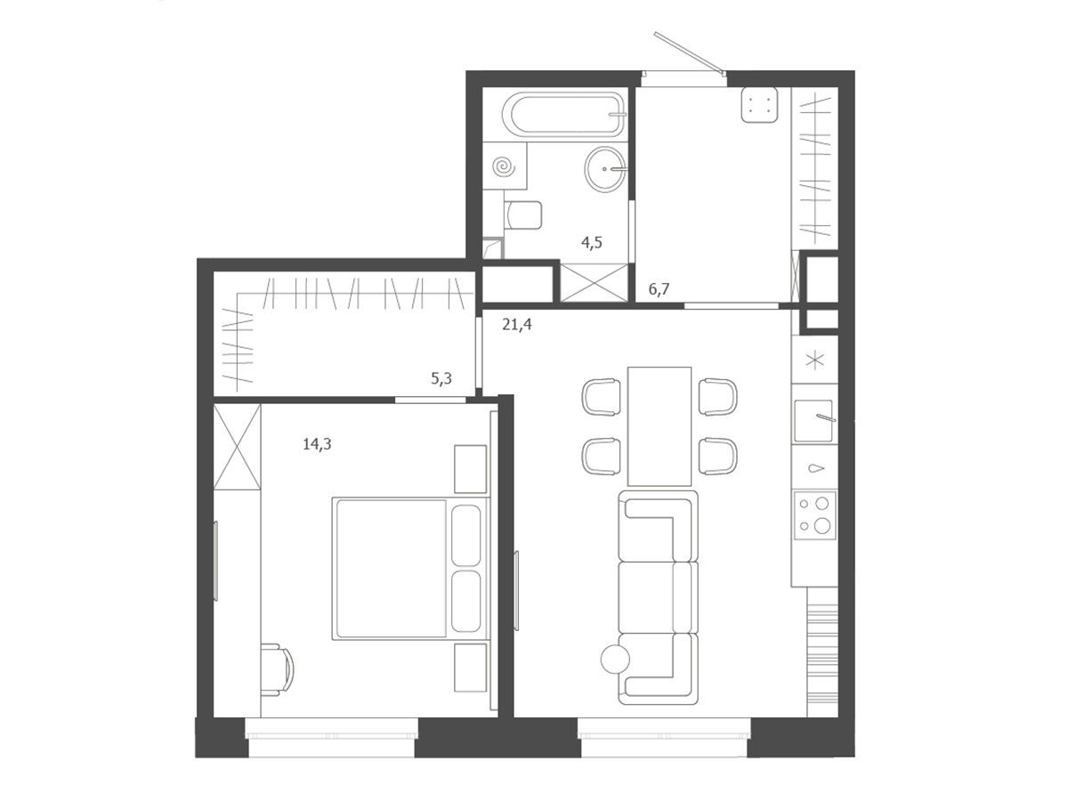 Планировка: 1-комн. квартира 52.20 м² в новостройке ЖК ЛДМ