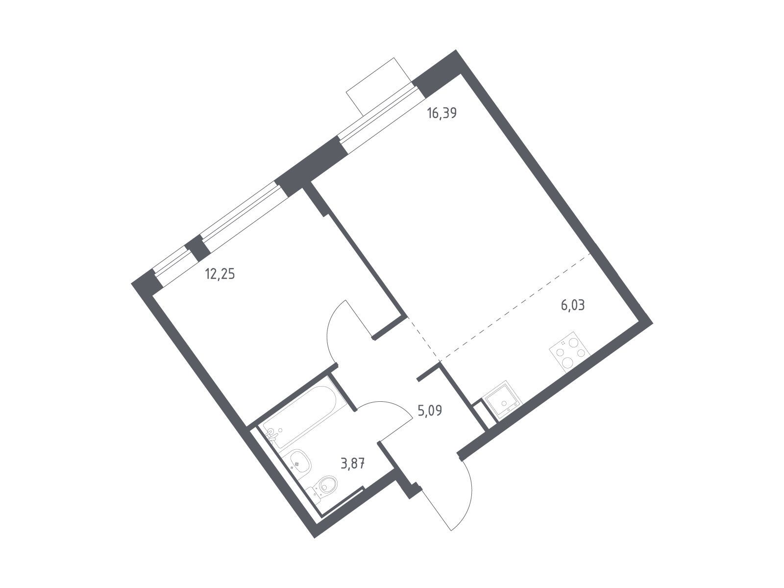 Планировка: 1-комн. квартира 43.63 м² в новостройке ЖК Молжаниново