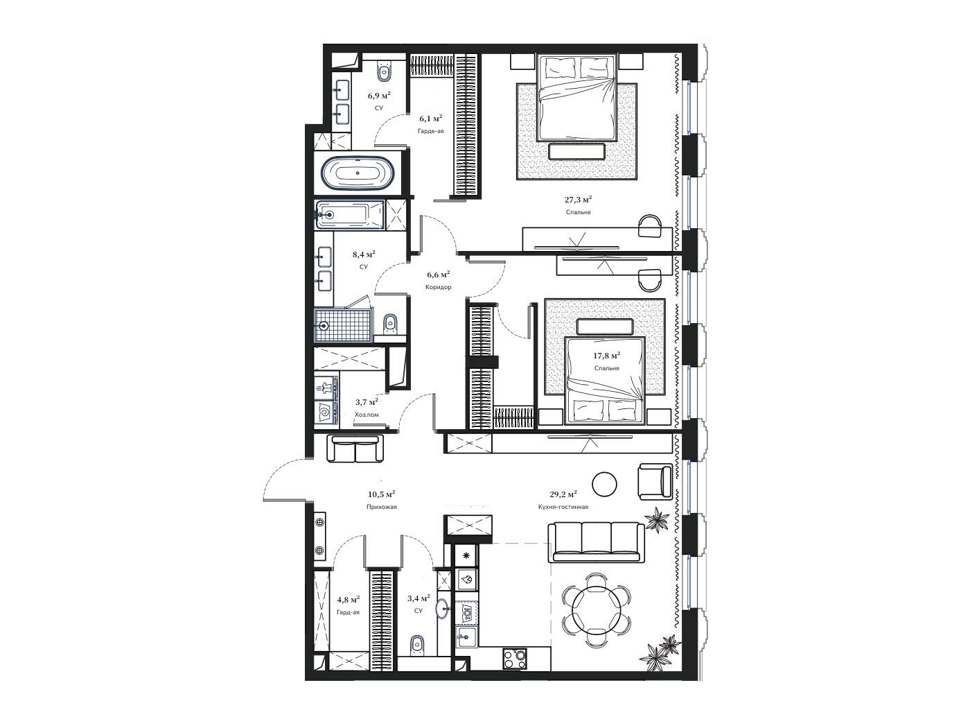 Планировка: 3-комн. квартира 134.80 м² в новостройке Дом Франка