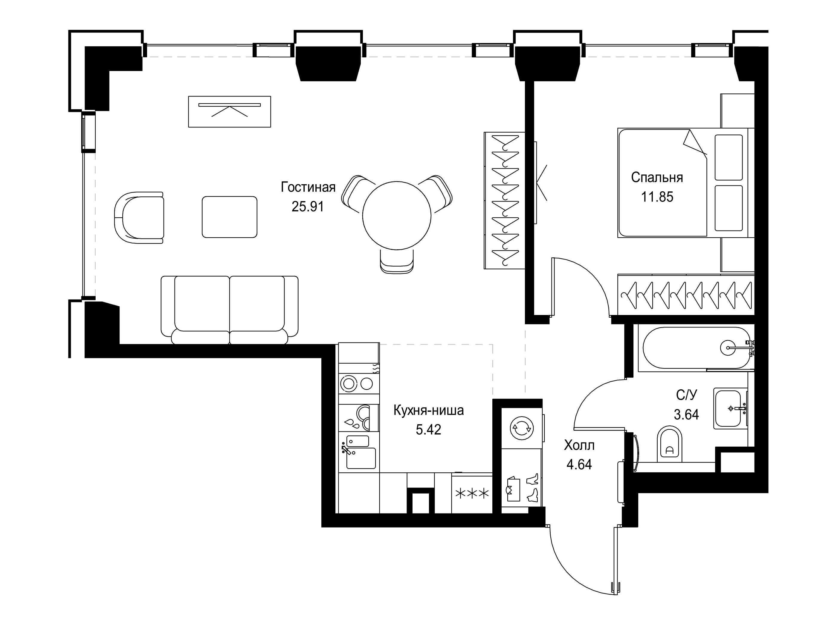 Планировка: 1-комн. квартира 51.46 м² в новостройке ЖК Сет