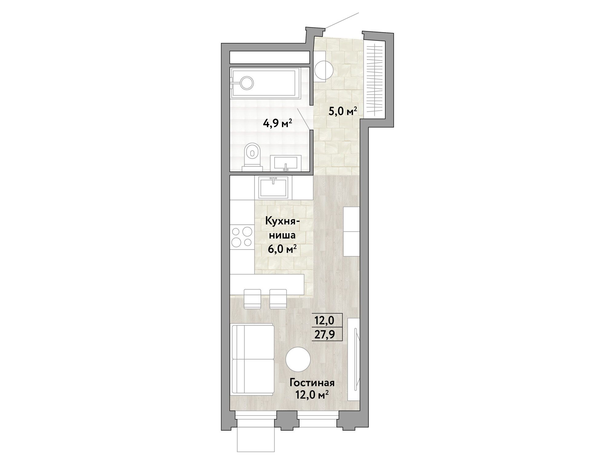 Планировка: Студия 27.90 м² в новостройке Новые смыслы