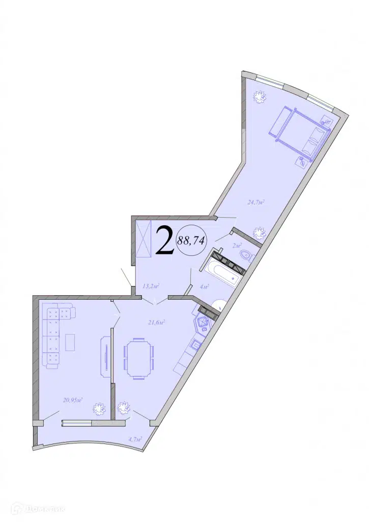 Планировка: 2-комн. квартира 88.74 м² в новостройке Радонеж