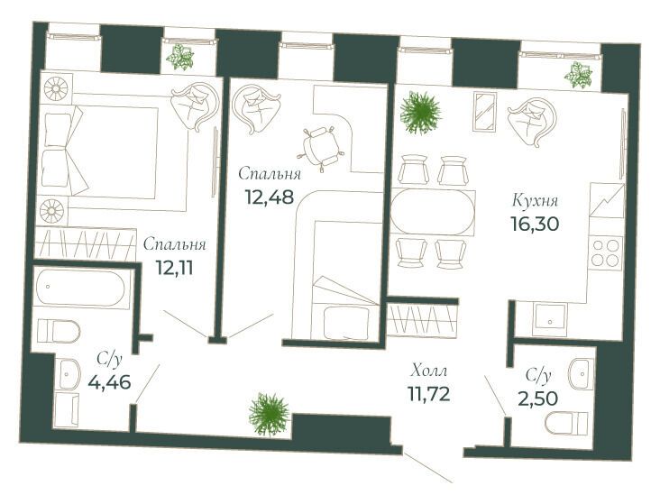 Планировка: 1-комн. квартира 62.00 м² в новостройке Мадонна Бенуа